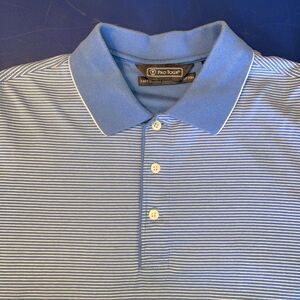 Pro Tour‎ Golf Mens M Blue Striped Short Sleeve Polo Performance 100% Cotton